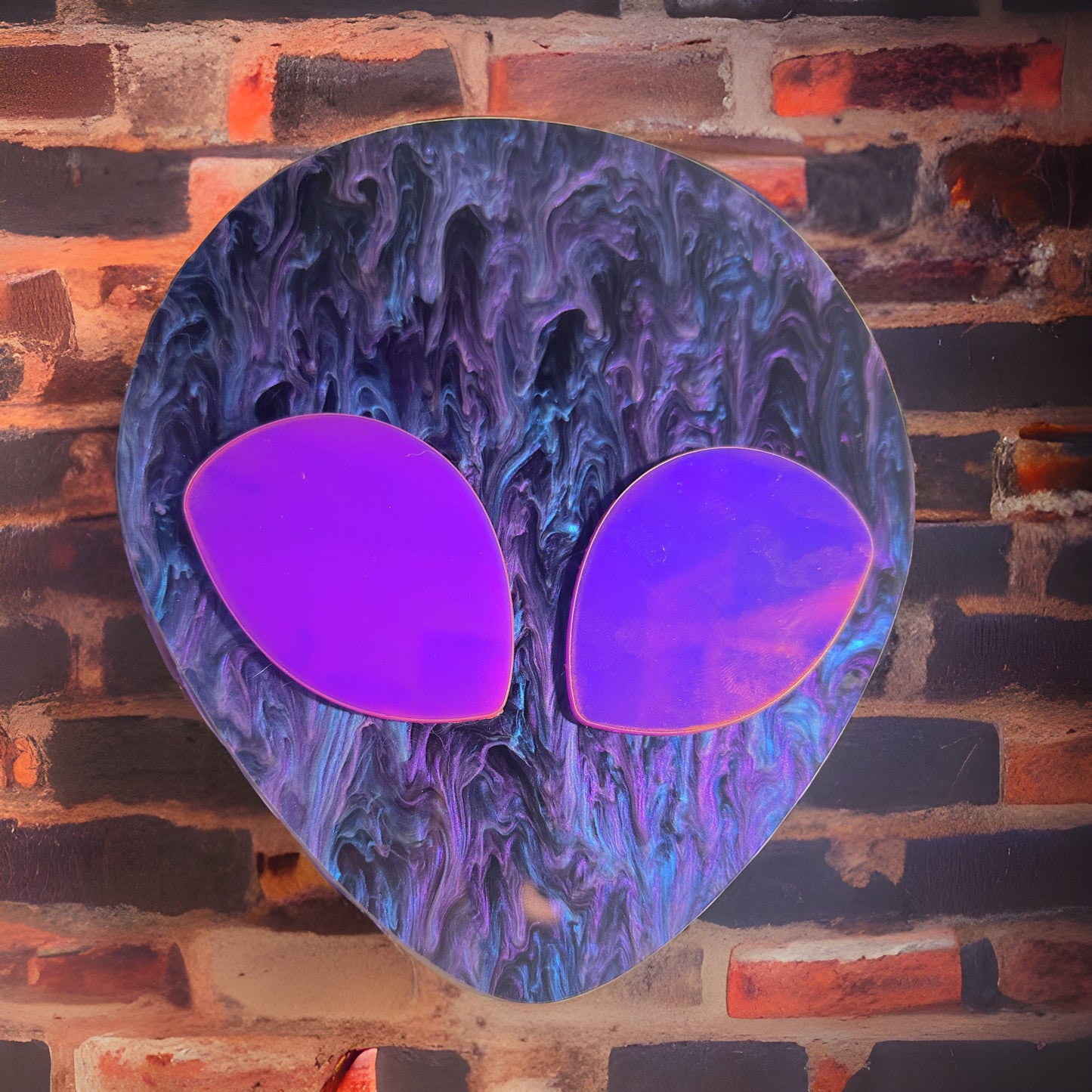 Chill Alien Head Wall Art - Swirly Blue/Purple/Black Galaxy Acrylic with Pink Iridescent Eyes - 7.5" x 8.5"